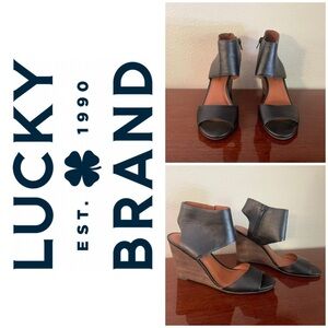 90%OFF❣️ Lucky Brand Raisza Black Leather Wedge Heels, 7.5